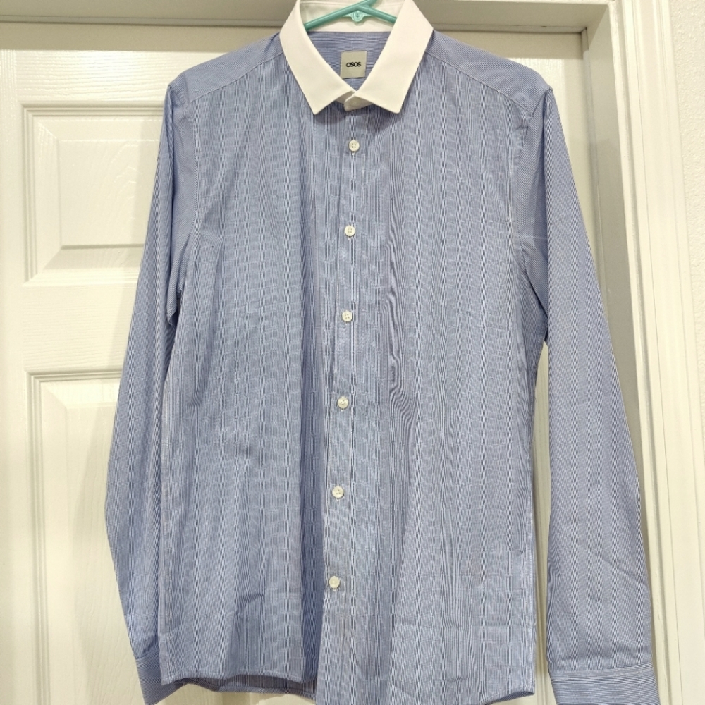 Blue Micro Stripe White Slim Collar Long Sleeve Button Down Dress Shirt